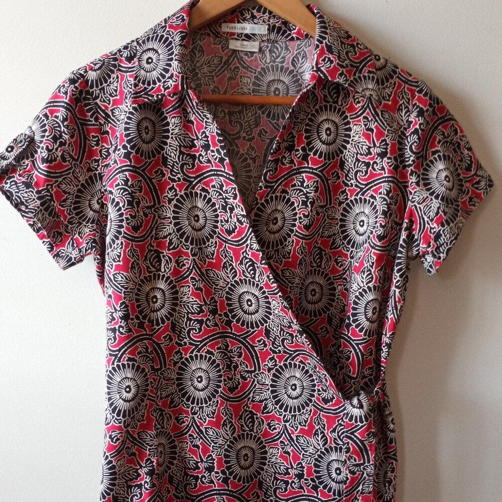 'VAN HEUSEN' Cap Sleeve Collared Wrap Blouse Size L Batik inspired
